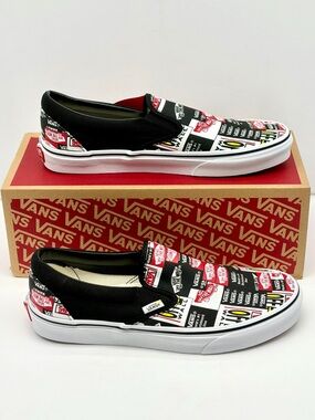 Vans Slip-On Sneakers in Black White and Red Sticker Print Unisex